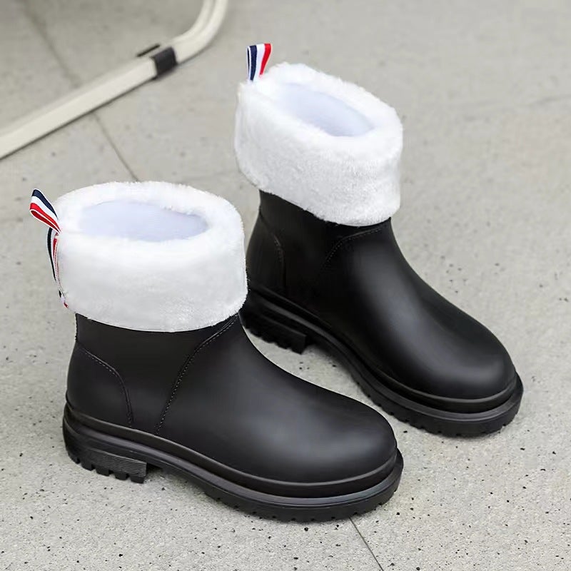 Fashion Casual Flat Warm Cotton Plastic Waterproof Non-Slip Rain Boots Women'S Mid-Heel Waterproof Outwear Rain Boots - Image 3